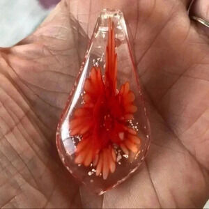 Coral GLOW IN THE DARK Murano Glass Teardrop Necklace Pendant NWT
